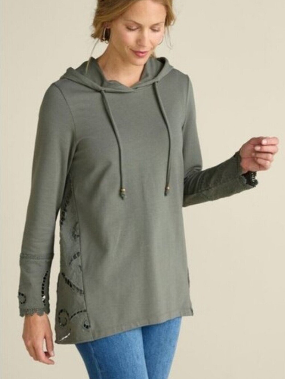 Soft Surroundings Olive Green Hooded Pullover with Cutwork Embroidery XS - Picture 10 of 10
